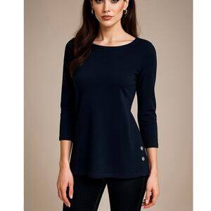Hinson Wu Paloma 3/4 Sleeve Bateau Neck T-Shirt w/ Button Accent Navy Womens XS